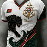 Camiseta masculina com tema de futebol de Portugal: estampa em relevo com arte para torcedores