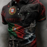 Camisa polo masculina com tema de futebol português: detalhes em relevo e estampa artística inspirada nos torcedores