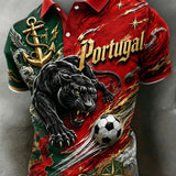 Polo com tema de futebol português masculino: elementos de textura em relevo e estampa artística com tema de fã
