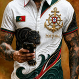 Camisa de manga curta masculina com texturas em relevo com tema futebol português e estampa artística com tema fã