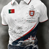 Camisa polo masculina com tema de futebol português: detalhes em relevo e estampa artística inspirada nos torcedores