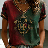 Camiseta feminina de futebol português com estampa e gola em V