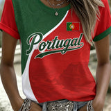 Camiseta feminina com estampa artística temática do oceano em apoio ao futebol português