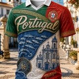 Camiseta com Gola em V e Estampa Artística Temática Oceânica para Torcida de Futebol da Seleção Portuguesa Masculina