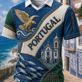 Camiseta com Gola em V e Estampa Artística Temática Oceânica para Torcida de Futebol da Seleção Portuguesa Masculina