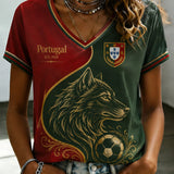 Camiseta feminina de futebol português com estampa e gola em V