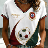 Camiseta feminina de futebol português com estampa e gola em V