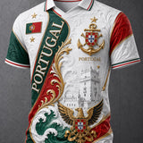 Camisa polo masculina com estampa artística em relevo e textura, ideal para torcer na partida de futebol de Portugal