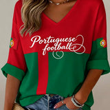 Jogo de futebol português feminino torcendo gravado texturizado impressão V-Neck Top