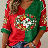 Camiseta com decote em V e estampa texturizada em relevo com torcida em partida de futebol feminino em Portugal