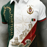 Camisa polo masculina com estampa artística em relevo e textura, ideal para torcer na partida de futebol de Portugal