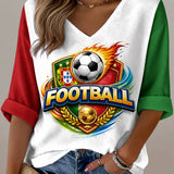 Camiseta com decote em V e estampa texturizada em relevo com torcida em partida de futebol feminino em Portugal