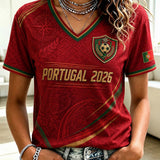 Mulheres Portugal Futebol Impresso V-neck T-shirt