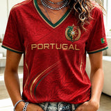Camiseta feminina de futebol de Portugal com estampa e gola em V
