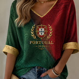 Camiseta casual com estampa de futebol feminino português