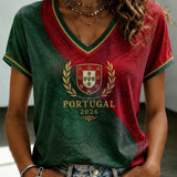Camiseta feminina de futebol português com estampa e gola em V