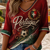 Camiseta com Gola em V e Estampa Artística Feminina com Tema de Futebol Português