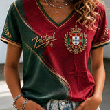 Camiseta feminina de futebol português com estampa e gola em V