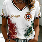 Camiseta feminina de futebol português com estampa e gola em V