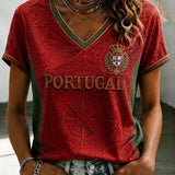 Camiseta feminina de futebol português com estampa e gola em V
