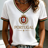 Camiseta feminina de futebol português com estampa e gola em V