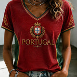 Camiseta feminina de futebol português com estampa e gola em V