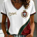 Camiseta feminina de futebol português com estampa e gola em V
