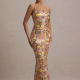 SELVIANA Vestido longo floral com lantejoulas